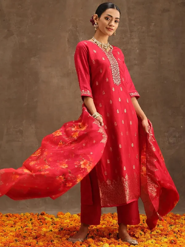 Pink Self Design Silk Straight Kurta With Trousers & Dupatta Chinos Cotton Straight Leg Pink Self Design Silk Straight Kurta With Trousers & Dupatta Chinos Cotton Straight Leg
