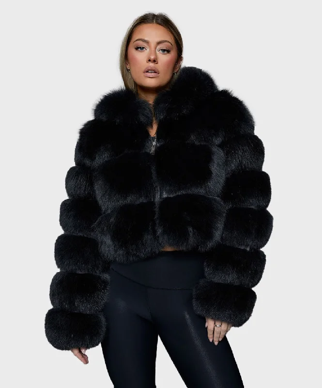 Women's 'Black' Fox Fur Hooded Bolero Jacket Fleece Jacket Down Jacket Parka