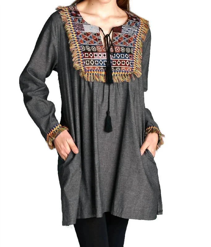 Fringe & Geometric Chambray Dress In Black