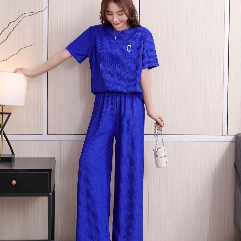 Southeast Asia Popular Chiffon Pleated Embroidery Suit Women's Summer Trousers Two-Piece Set Home Casual Fashion Set Suit Trousers luxurious high-end Southeast Asia Popular Chiffon Pleated Embroidery Suit Women's Summer Trousers Two-Piece Set Home Casual Fashion Set Suit Trousers luxurious high-end