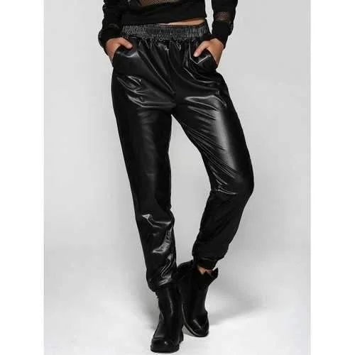 Elastic Waist Ruffled Faux Leather Jogger Pants - Black M Modern Stretch Trousers