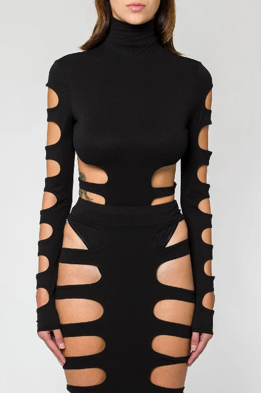 LaQuan Smith Mock Neck Bodysuit with Cutout Detail Fashionable Bodysuit with Button Detail LaQuan Smith Mock Neck Bodysuit with Cutout Detail Fashionable Bodysuit with Button Detail