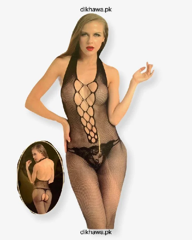 Hkmeair Khushi Print Sexy Net Bodystocking No 8896 Fashionable Bodysuit with Button Detail