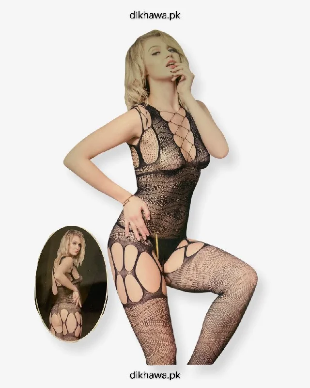 Hkmeair Khushi Print Sexy Net Bodystocking No 8898 Trendy High-Neck Bodysuit