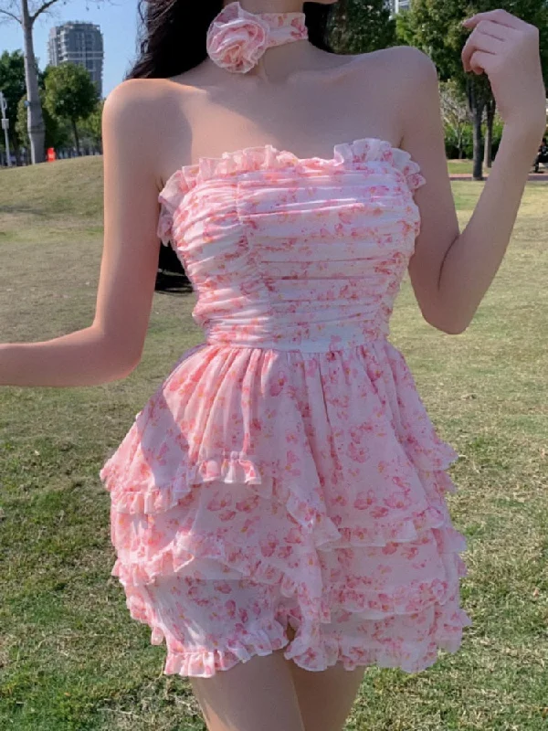 Casual Strapless Sexy Summer Dresses For Women Korean Floral Print Chiffon Beach Holiday Mini Dress Elegant Party Dress Tunics Travel practical Casual Strapless Sexy Summer Dresses For Women Korean Floral Print Chiffon Beach Holiday Mini Dress Elegant Party Dress Tunics Travel practical