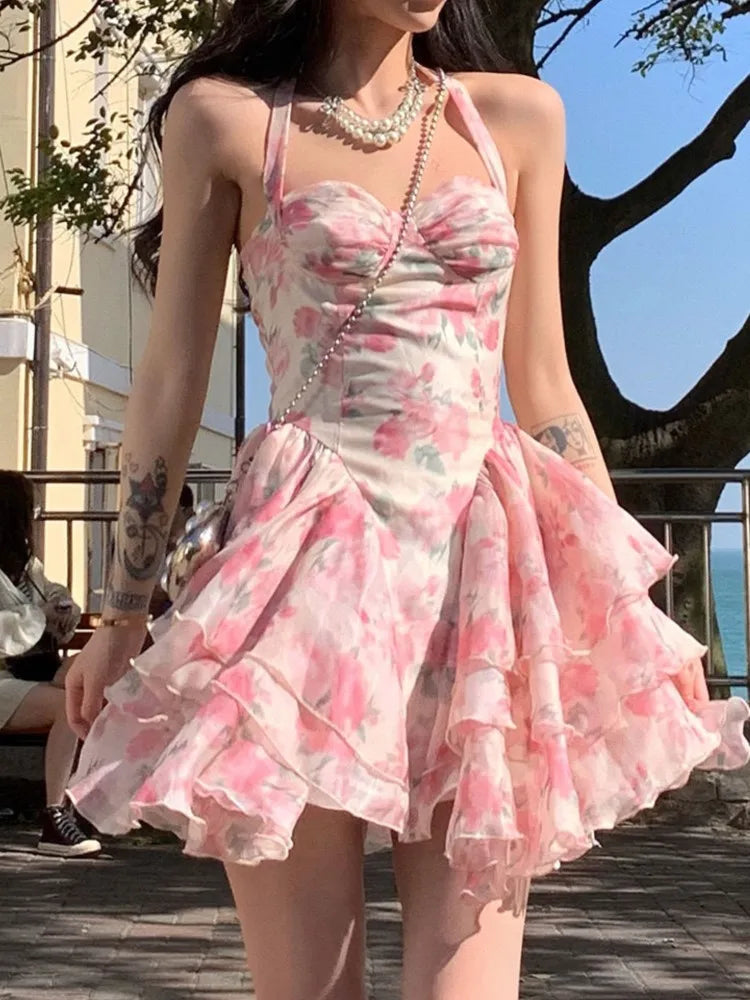 StoreXQ - Summer Women Sleeveless Sweet Pink Print beach Dress Female Slim Holiday Halter Mini Dress Tierred Birthday Party Dress Tunics Print Colorful StoreXQ - Summer Women Sleeveless Sweet Pink Print beach Dress Female Slim Holiday Halter Mini Dress Tierred Birthday Party Dress Tunics Print Colorful