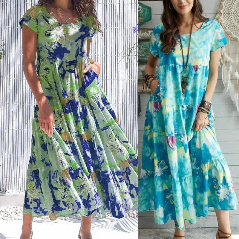 Tie Dye Green Print Short Sleeve Loose Dress Flowy O-Neck Beach Evening Party Dress Tunics New arrival Tie Dye Green Print Short Sleeve Loose Dress Flowy O-Neck Beach Evening Party Dress Tunics New arrival