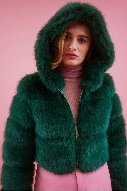 Emerald Hooded Bamboo Faux Fur Puffer Coat Double-Layered Poncho