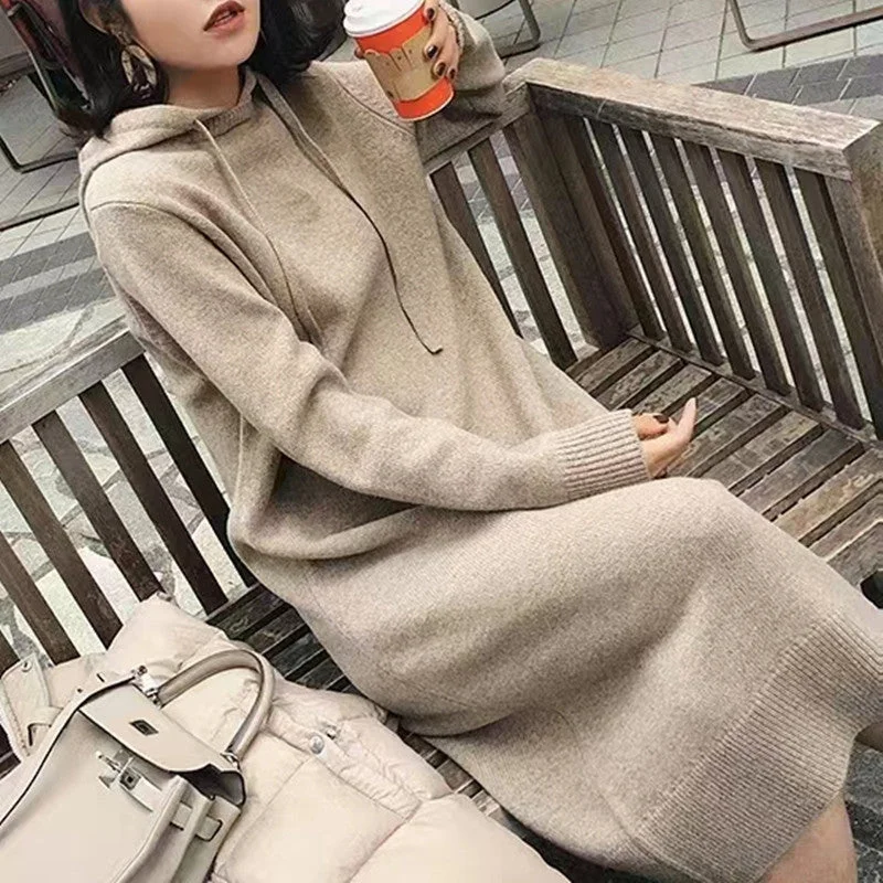 NiDELL . Autumn and Winter New Korean Style Outerwear Sweater Loose Overknee Dress Mid-Length Knitted Hooded Sweater Dress Women Chic Winter Coat NiDELL . Autumn and Winter New Korean Style Outerwear Sweater Loose Overknee Dress Mid-Length Knitted Hooded Sweater Dress Women Chic Winter Coat