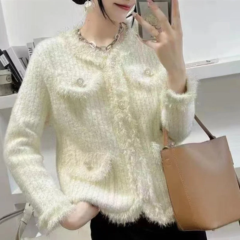 NiDELL . Autumn and Winter New Mink-like Wool Knitted Coat Female Socialite Elegant Design Chic Fashion Women's Wear Button-Up Cardigan Coat