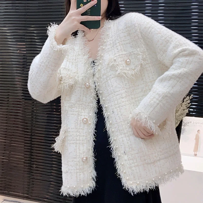 NiDELL French Socialite Loose All-Match Imitation Mink Tassel Plaid Coat for Women Autumn and Winter New High-Grade Knitted Top for Women Casual Open-Front Coat