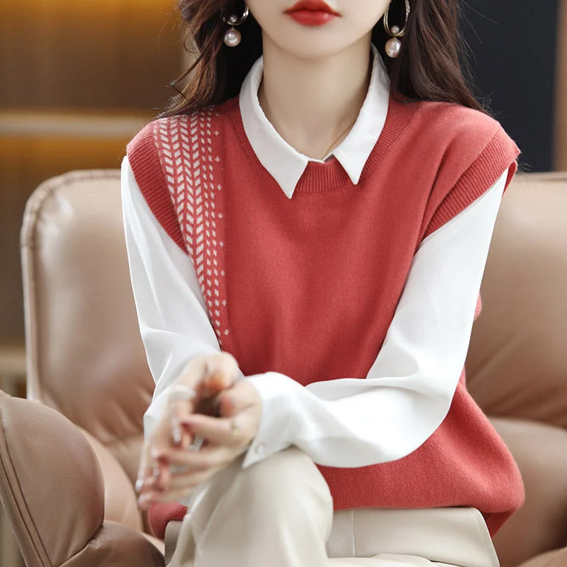 NiDELL In Stock . Autumn and Winter Vest Vest round Neck Stitching Sleeveless Sweater Loose Outerwear Knitwear Waistcoat for Women Ultra-Light Down Coat