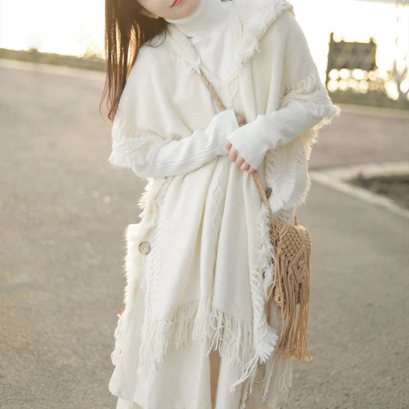 NiDELL . Tassel Hooded Knitted Shawl for Women Gentle Sweet Cape Travel Wear Matching Dress Outerwear Vintage Suede Jacket