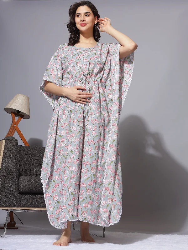 Printed Maternity Kaftan Night Dress With Concealed Nursing Access - Grey Tunics Stylish elegant Printed Maternity Kaftan Night Dress With Concealed Nursing Access - Grey Tunics Stylish elegant