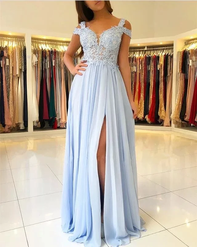 FashionSierra - Long Side Split Off Shoulder Lace Sky Blue evening Dresses Off-the-shoulder Chic Trendy FashionSierra - Long Side Split Off Shoulder Lace Sky Blue evening Dresses Off-the-shoulder Chic Trendy