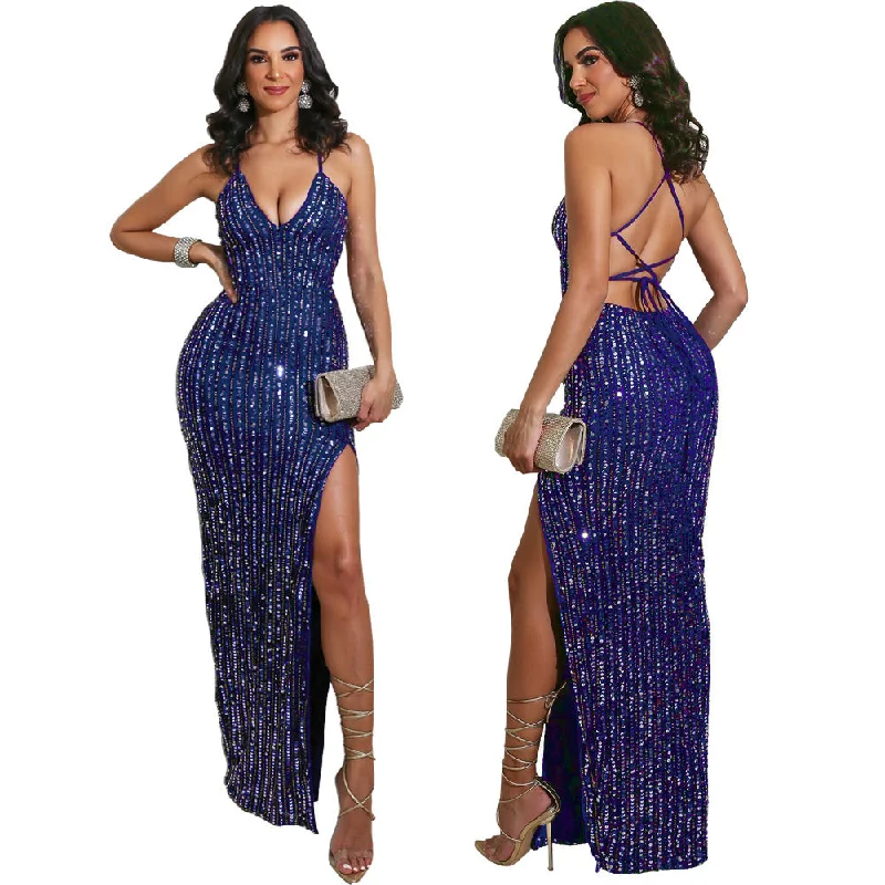 2023 summer women deep V neck back tie high split sequin elegant evening dress women maxi prom dresses empire Waist empire 2023 summer women deep V neck back tie high split sequin elegant evening dress women maxi prom dresses empire Waist empire