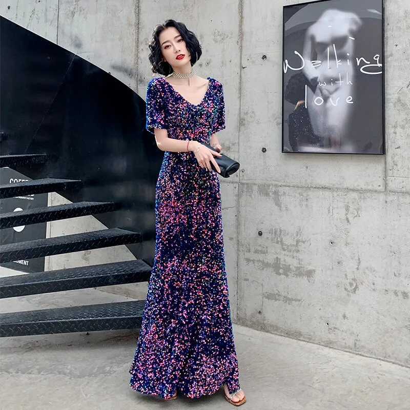 AE0116 wei yin 2021 Evening Dress Short Sleeve Elegant V Neck Mermaid Sequined Long Formal Party Gowns Robe De Soiree Tunics Top rated AE0116 wei yin 2021 Evening Dress Short Sleeve Elegant V Neck Mermaid Sequined Long Formal Party Gowns Robe De Soiree Tunics Top rated