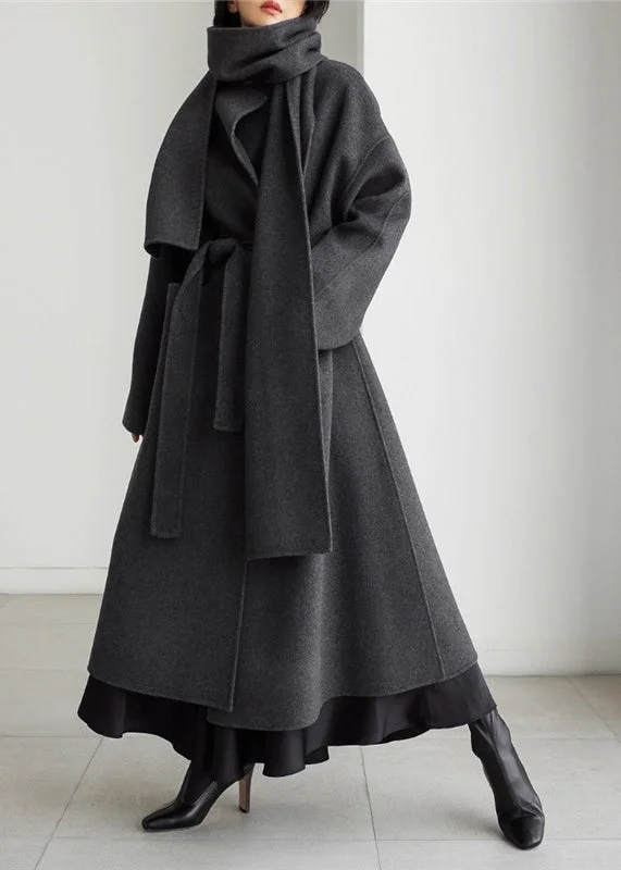 Art Black Notched Pockets Woolen Coats Long Sleeve Warm Down Parka