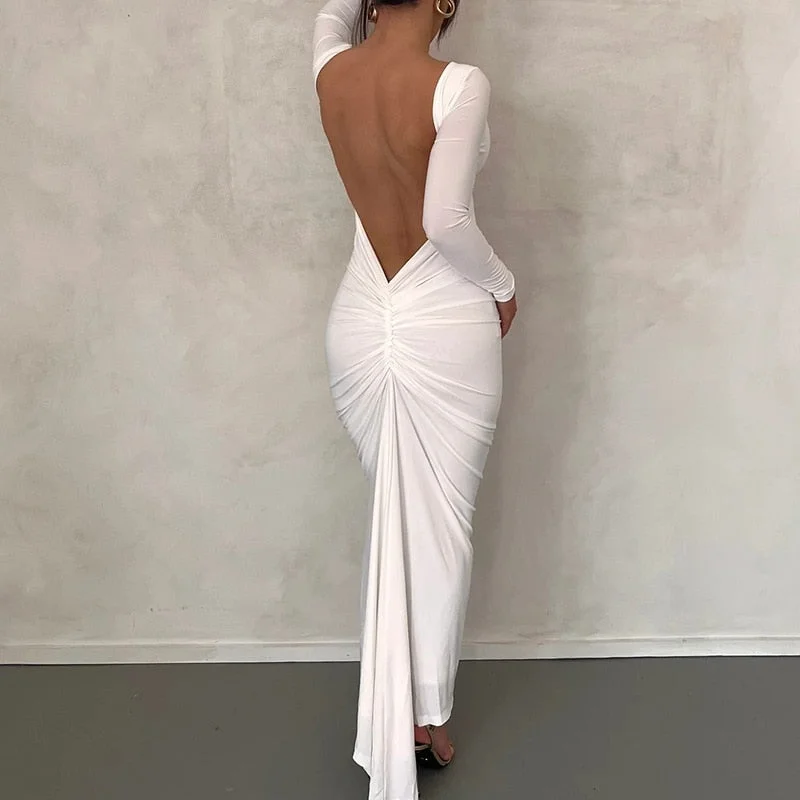 BerriesJam - Backless Long Sleeve O Neck Folds Evening Party Dress Tunics Chic elegant BerriesJam - Backless Long Sleeve O Neck Folds Evening Party Dress Tunics Chic elegant
