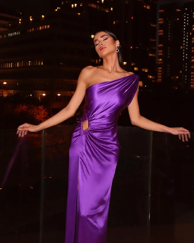Purple One Shoulder Sexy Skinny Draped Sleeveless Sequin Slit Long Celebrity Party Dress Tunics Custom made Purple One Shoulder Sexy Skinny Draped Sleeveless Sequin Slit Long Celebrity Party Dress Tunics Custom made