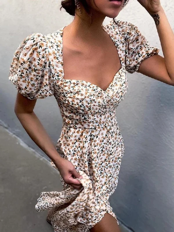 Midi Dress Vintage V Neck White Floral Print French Style Sundress Sexy Slit Party Dresses Tunics Modern contemporary Midi Dress Vintage V Neck White Floral Print French Style Sundress Sexy Slit Party Dresses Tunics Modern contemporary