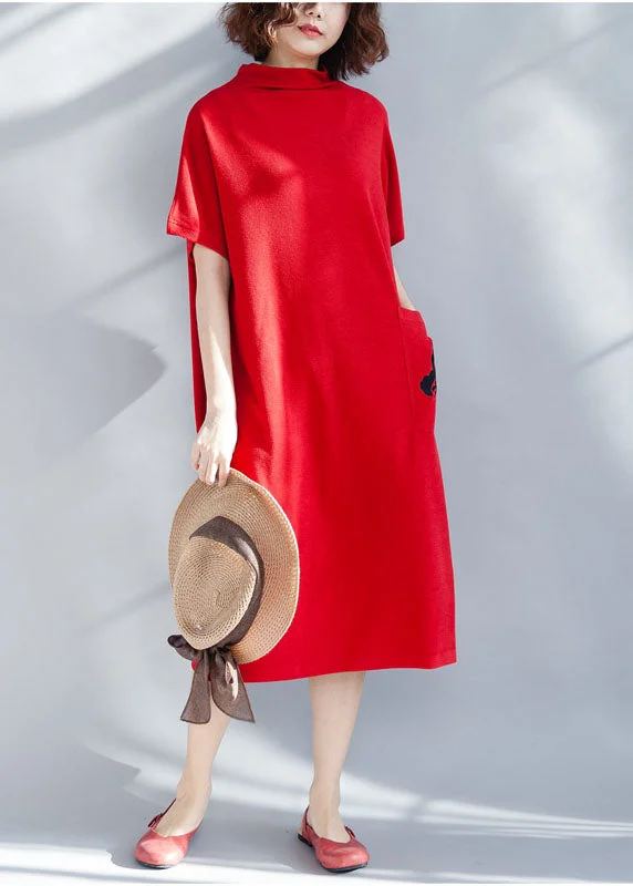 Boutique Red Solid Turtle Neck Cotton Party Dress Short Sleeve Tunics Favorite customer Boutique Red Solid Turtle Neck Cotton Party Dress Short Sleeve Tunics Favorite customer