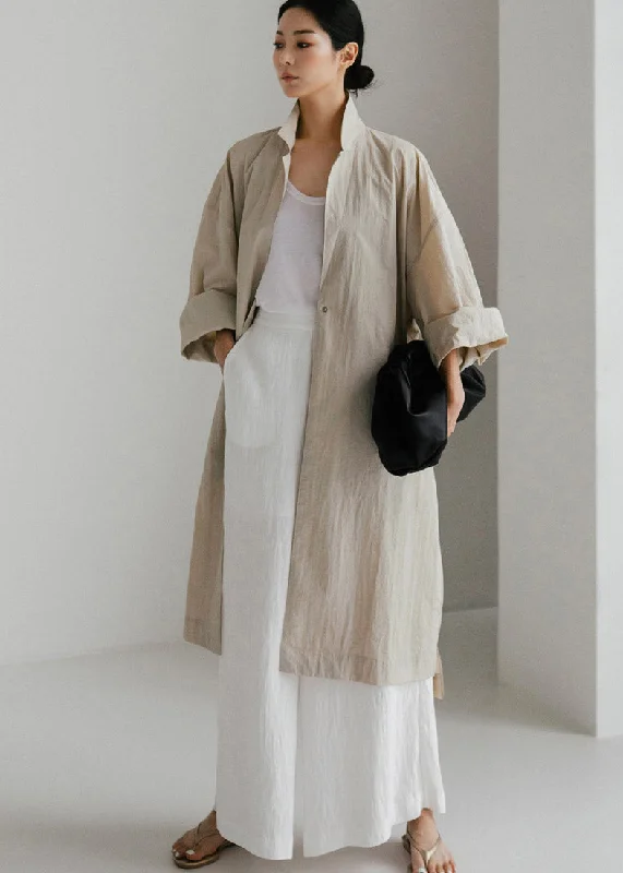 Casual Beige Peter Pan Collar Button Wrinkled Side Open Trench Coats Long Sleeve Fitted Faux Suede Blazer Casual Beige Peter Pan Collar Button Wrinkled Side Open Trench Coats Long Sleeve Fitted Faux Suede Blazer