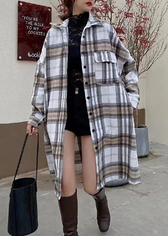 Casual Colorblock Peter Pan Collar Plaid Patchwork Cotton Shirts Coats Spring Belted Crossover Blazer Casual Colorblock Peter Pan Collar Plaid Patchwork Cotton Shirts Coats Spring Belted Crossover Blazer