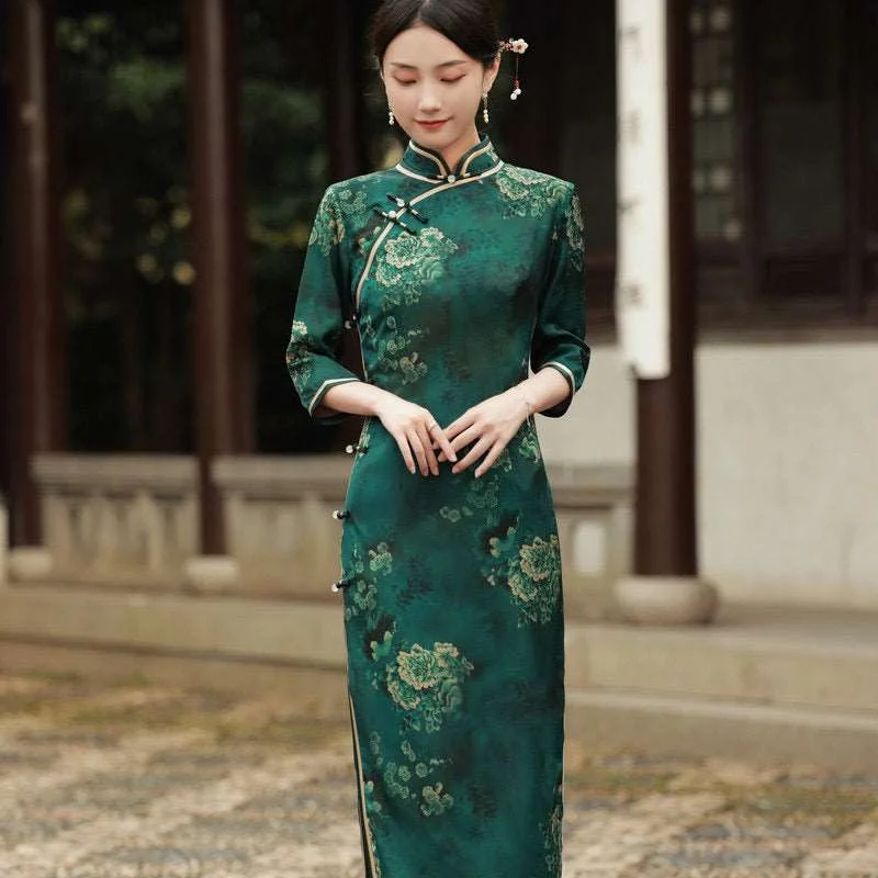 Chinese Cheongsam, Evening Dress, Ball Gown, 3/4 sleeve dress, Mandarin collar A-Line Day Work Chinese Cheongsam, Evening Dress, Ball Gown, 3/4 sleeve dress, Mandarin collar A-Line Day Work