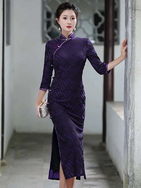Modern Chinese Cheongsam, Evening Dress, Ball Gown, dark purple color, Mandarin collar, 3/4 Sleeve Tunics Floral girly Modern Chinese Cheongsam, Evening Dress, Ball Gown, dark purple color, Mandarin collar, 3/4 Sleeve Tunics Floral girly