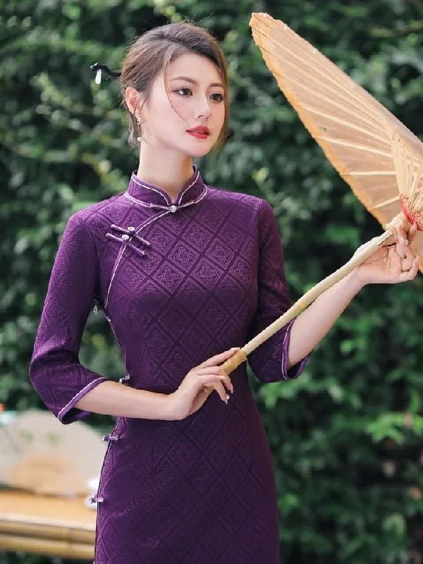 Modern Chinese Qipao, Chinese Cheongsam Dress, Evening Dress, Ball Gowns, purple Dresses, 3/4 sleeve, mandarin collar Crew Neckline Sporty Modern Chinese Qipao, Chinese Cheongsam Dress, Evening Dress, Ball Gowns, purple Dresses, 3/4 sleeve, mandarin collar Crew Neckline Sporty