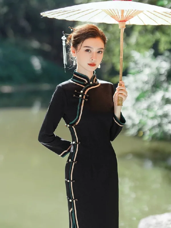 Modern Chinese Qipao, Chinese Cheongsam Dress, Ball Gowns, Long Evening Dresses, black jacquard dress, 3/4 sleeve, mandarin collar Crew Neckline Casual Modern Chinese Qipao, Chinese Cheongsam Dress, Ball Gowns, Long Evening Dresses, black jacquard dress, 3/4 sleeve, mandarin collar Crew Neckline Casual