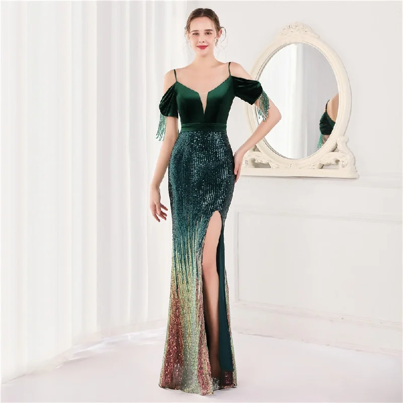 BerriesJam - Elegant Beading Spaghetti Strap Velvet Formal Evening Dress A-Line Day Work BerriesJam - Elegant Beading Spaghetti Strap Velvet Formal Evening Dress A-Line Day Work