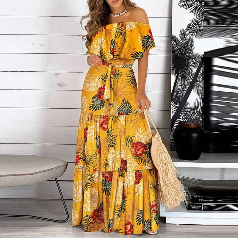 Elegant Floral Print Lady Maxi Party Dress Tunics stripes playful