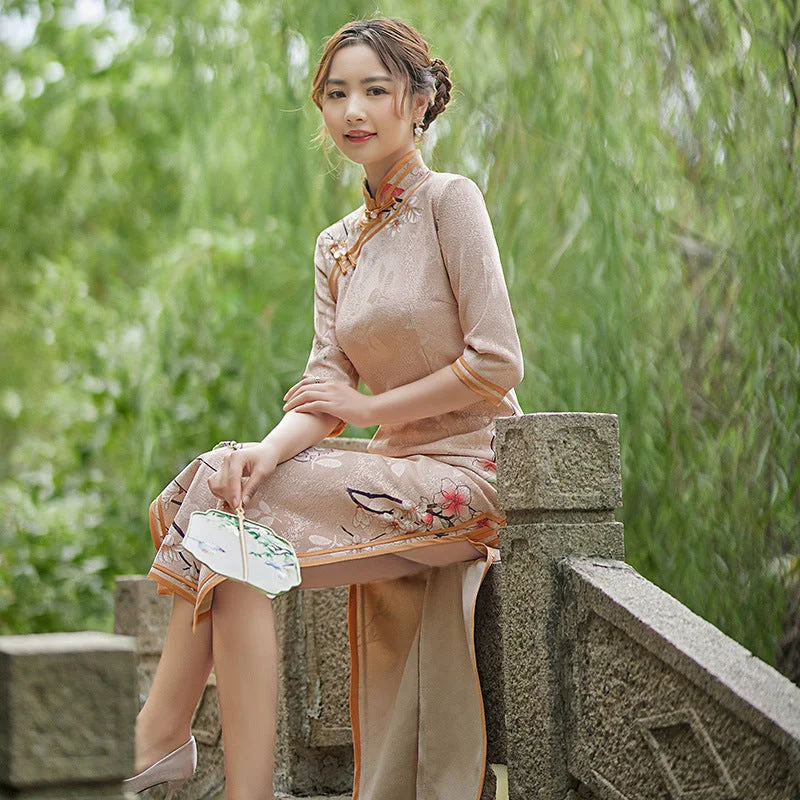 Modern Chinese qipao, Evening Dress, Ball Gowns, Long Evening Dress, 3/4 sleeve, autumn warm qipao, mandarin collar Turtleneck Warm Winter Modern Chinese qipao, Evening Dress, Ball Gowns, Long Evening Dress, 3/4 sleeve, autumn warm qipao, mandarin collar Turtleneck Warm Winter