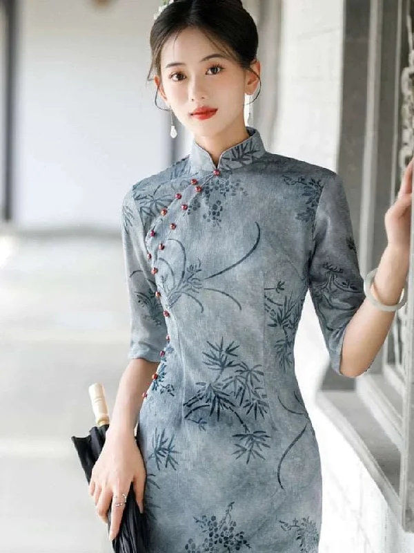 Modern Chinese Qipao, Chinese Cheongsam Dress, Evening Dresses, Ball Gowns, 3/4 sleeve, mandarin collar Cowl Neckline Elegant Modern Chinese Qipao, Chinese Cheongsam Dress, Evening Dresses, Ball Gowns, 3/4 sleeve, mandarin collar Cowl Neckline Elegant