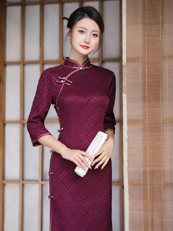 Modern Chinese Qipao, Chinese Cheongsam Dress, Evening Dresses, Ball Gowns, wine red Dress, mandarin collar, 3/4 sleeve Square Neckline Feminine Modern Chinese Qipao, Chinese Cheongsam Dress, Evening Dresses, Ball Gowns, wine red Dress, mandarin collar, 3/4 sleeve Square Neckline Feminine