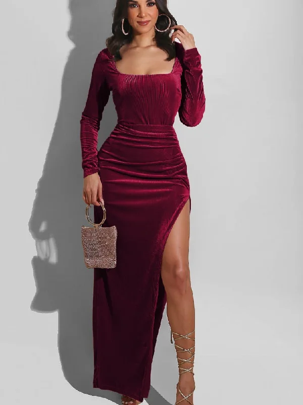 DressBetty - Elegant Velvet High Waist Slit Maxi Dress Sexy Long Sleeve Evening Party Dress Tunics Chic elegant DressBetty - Elegant Velvet High Waist Slit Maxi Dress Sexy Long Sleeve Evening Party Dress Tunics Chic elegant