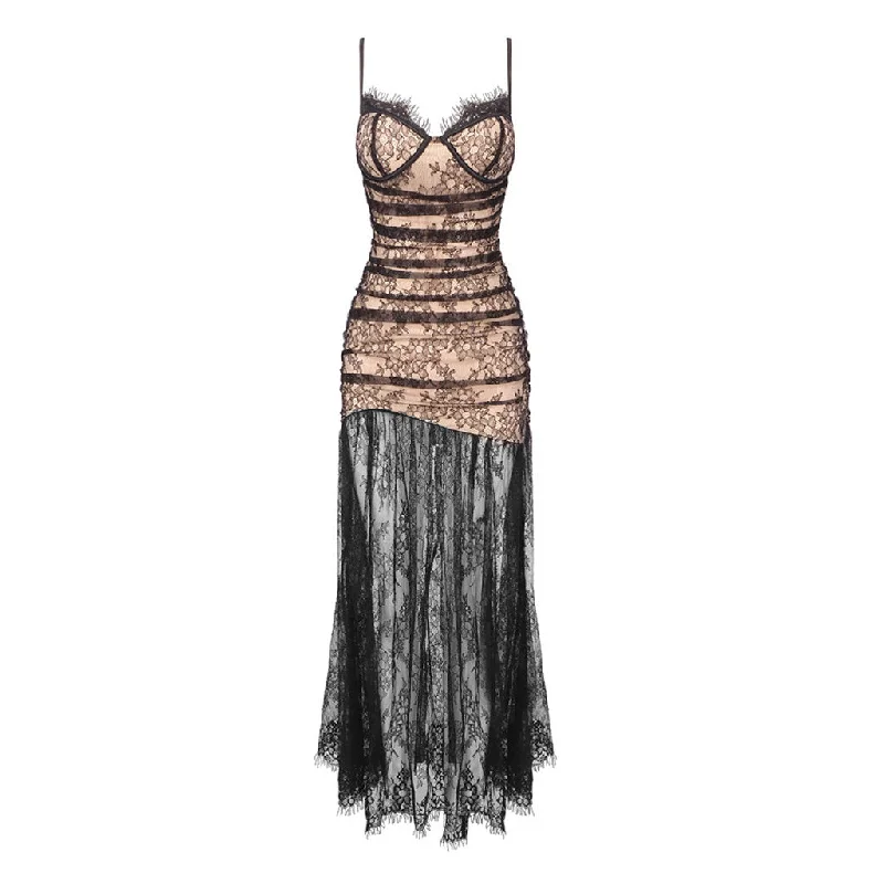 Exquisite Eyelash Sweetheart Ruched Drop Waist Lace Slip Maxi Evening Dress Satin Halter Glamorous Exquisite Eyelash Sweetheart Ruched Drop Waist Lace Slip Maxi Evening Dress Satin Halter Glamorous