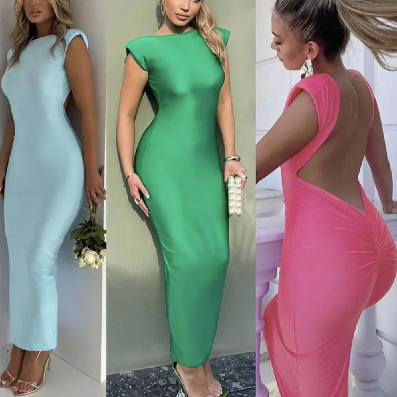 Fashion streetwear plain scrunch butt sexy backless party dress padded shoulder sleeveless bodycon women long maxi dress ladies Tunics Gym athletic Fashion streetwear plain scrunch butt sexy backless party dress padded shoulder sleeveless bodycon women long maxi dress ladies Tunics Gym athletic