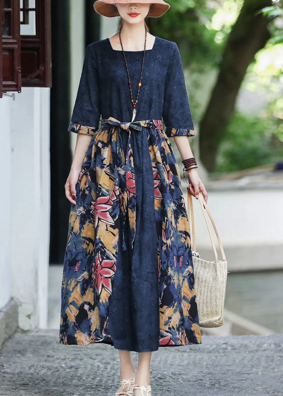 French Dark Blue Square Collar Tie Waist Patchwork Party Dress Half Sleeve Tunics Review highly French Dark Blue Square Collar Tie Waist Patchwork Party Dress Half Sleeve Tunics Review highly