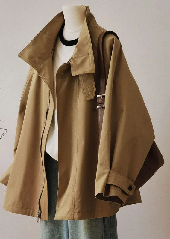 French Khaki Peter Pan Collar Zippered Patchwork Trench Coats Long Sleeve Checkered Wool Shacket French Khaki Peter Pan Collar Zippered Patchwork Trench Coats Long Sleeve Checkered Wool Shacket