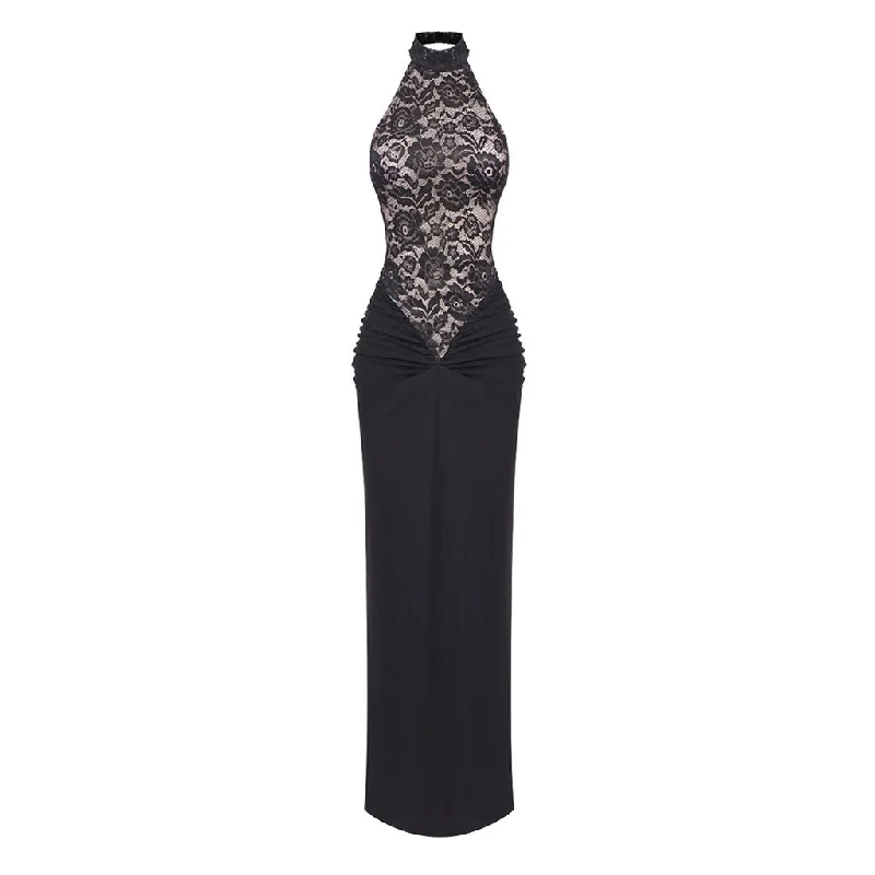 Glamorous Halter Sleeveless Backless Floral Lace Ruched Maxi Evening Dress High-Low Hemline Casual Glamorous Halter Sleeveless Backless Floral Lace Ruched Maxi Evening Dress High-Low Hemline Casual