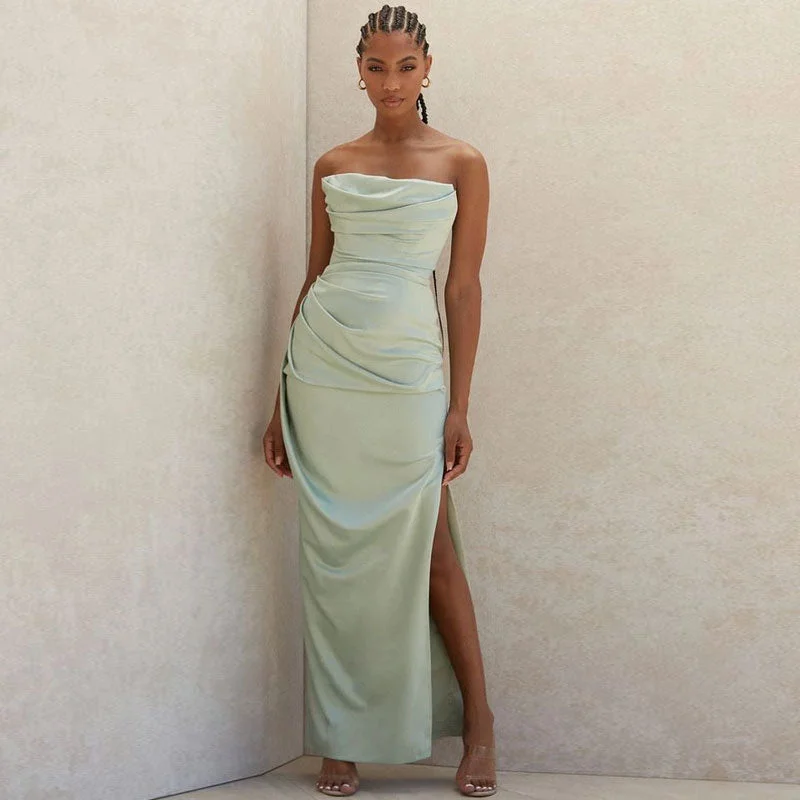BerryBetty - Cowl Neck Strapless Slit Maxi Evening Dress - Green empire Waist empire BerryBetty - Cowl Neck Strapless Slit Maxi Evening Dress - Green empire Waist empire
