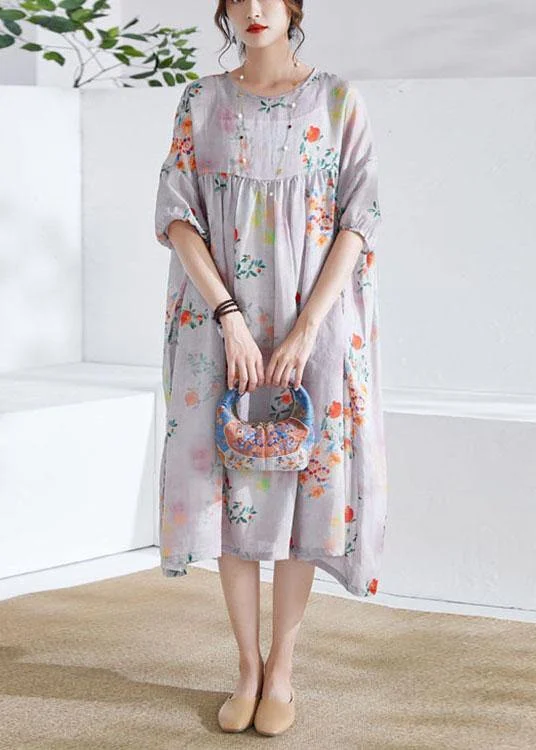 Grey lantern Sleeve Patchwork Print Summer Ramie Party Dress Half Sleeve Tunics Practical easy-care Grey lantern Sleeve Patchwork Print Summer Ramie Party Dress Half Sleeve Tunics Practical easy-care