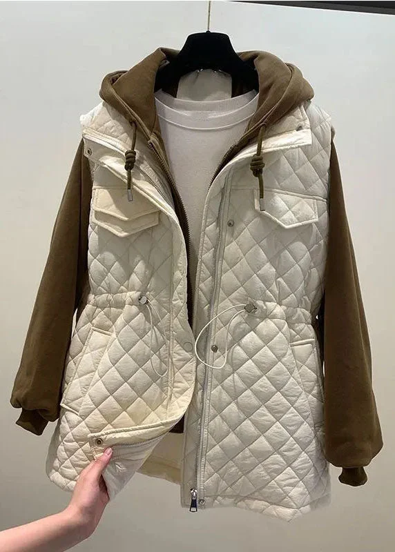 Handmade Beige Zippered Patchwork Drawstring Winter Hooded Coats Fall Elegant Satin Bolero Handmade Beige Zippered Patchwork Drawstring Winter Hooded Coats Fall Elegant Satin Bolero