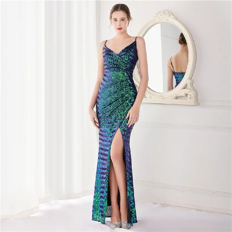 BerriesJam - High Slit Sequin Backless Sleeveless Formal Evening Dress Peplum Ruffle Cocktail BerriesJam - High Slit Sequin Backless Sleeveless Formal Evening Dress Peplum Ruffle Cocktail