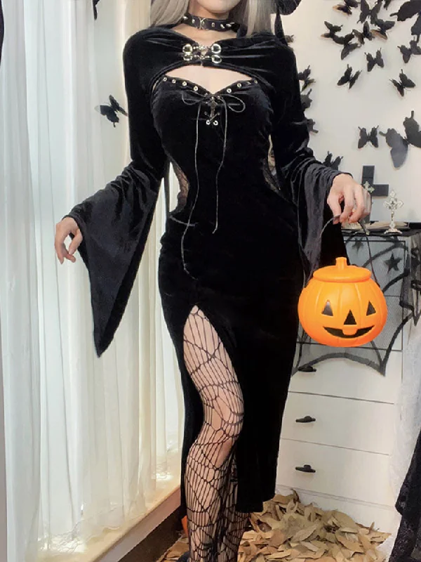Long Dress Suit With Hat See Through Velvet Lace Cutout High Slit Long Sleeve Button Lace-up Party Dress Tunics Sophisticated sleek Long Dress Suit With Hat See Through Velvet Lace Cutout High Slit Long Sleeve Button Lace-up Party Dress Tunics Sophisticated sleek