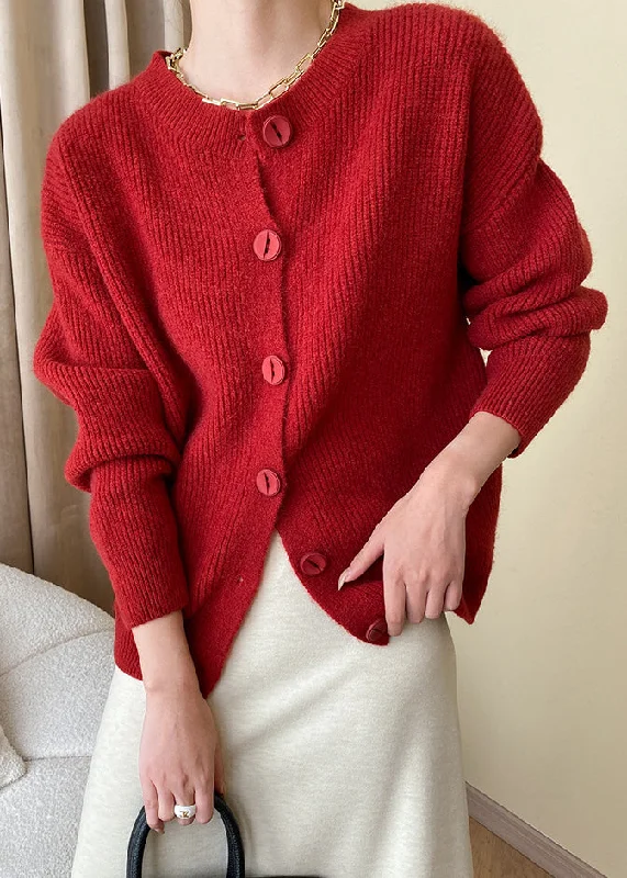 Loose Red Button Solid Knit Coats Fall Waterproof Rain Jacket