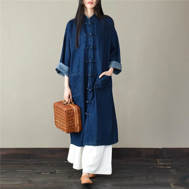 Loose stand collar Plus Size spring clothes For Women dark blue silhouette coats Suede Fringe Jacket Loose stand collar Plus Size spring clothes For Women dark blue silhouette coats Suede Fringe Jacket